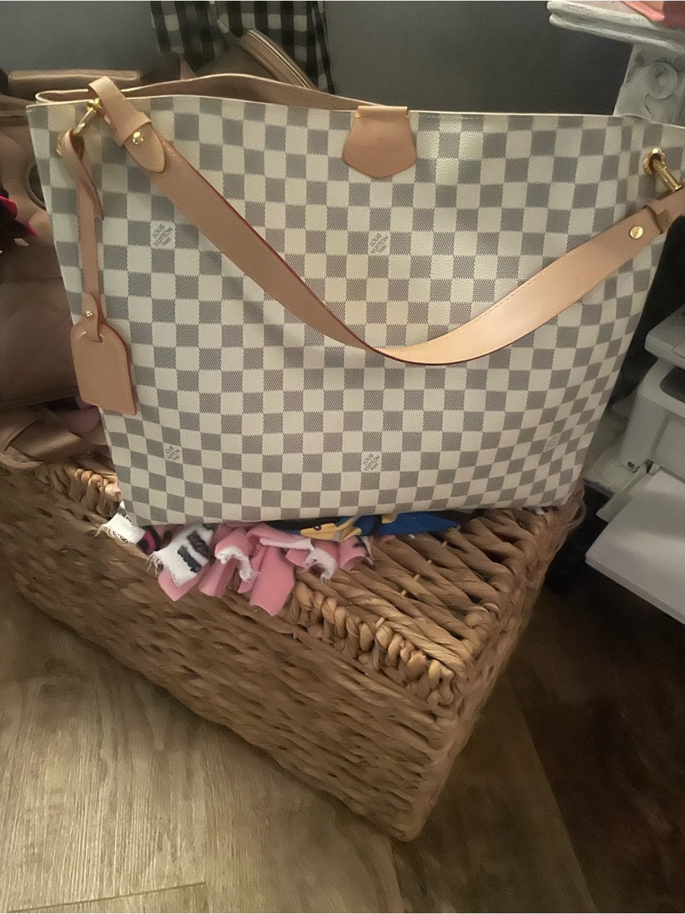 Designer Checkered Canvas Tote Bag - Cream & Gray